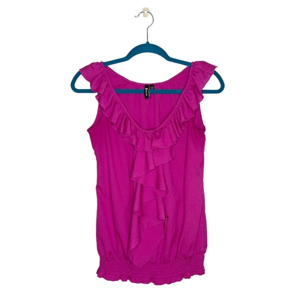 Milano Fuchsia Ruffle Front Smocked Hem Sleeveless Blouse